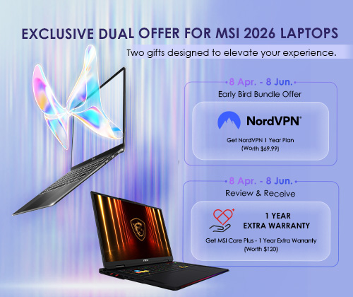 2026 MSI Laptops Early Bird promotion - NordVPN 1-Year Subscription for Raider 18 Max HX and Prestige 13 AI+