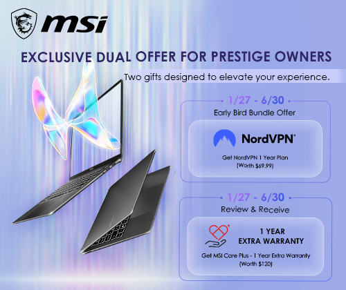 2026 MSI Core Ultra (Series 3) Business & Productivity Laptops Early Bird promotion - NordVPN 1-Year Subscription